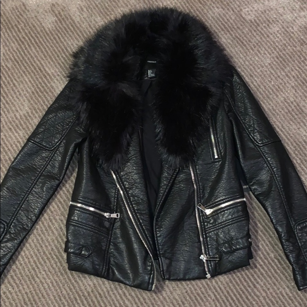 faux leather jacket with faux fur collar
